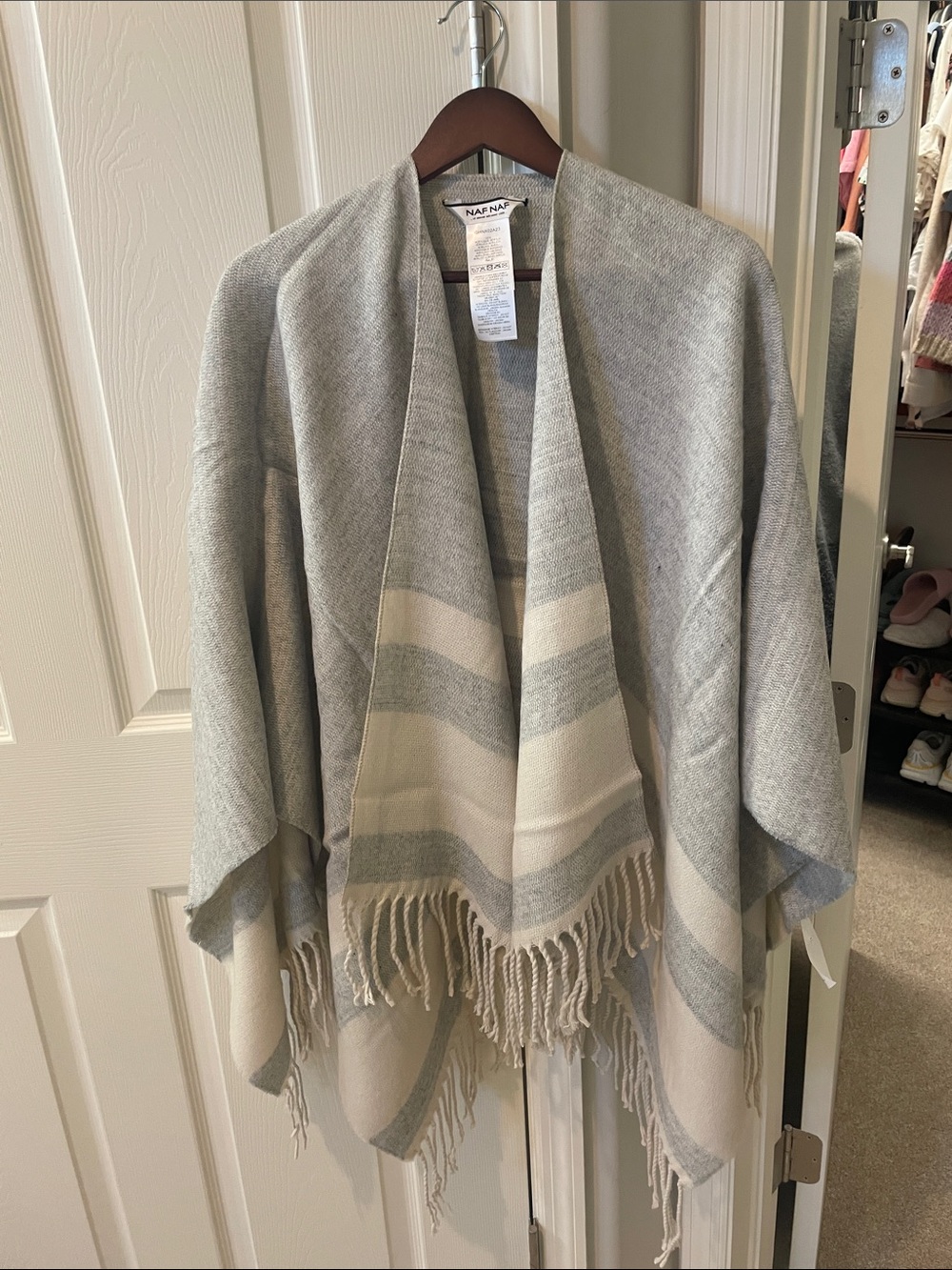 NAF NAF Gray & Cream Striped Fringe Wrap